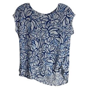 MARTHA STEWART COLLECTION 100% Linen Cap Sleeve Floral Top in Blue/White Large